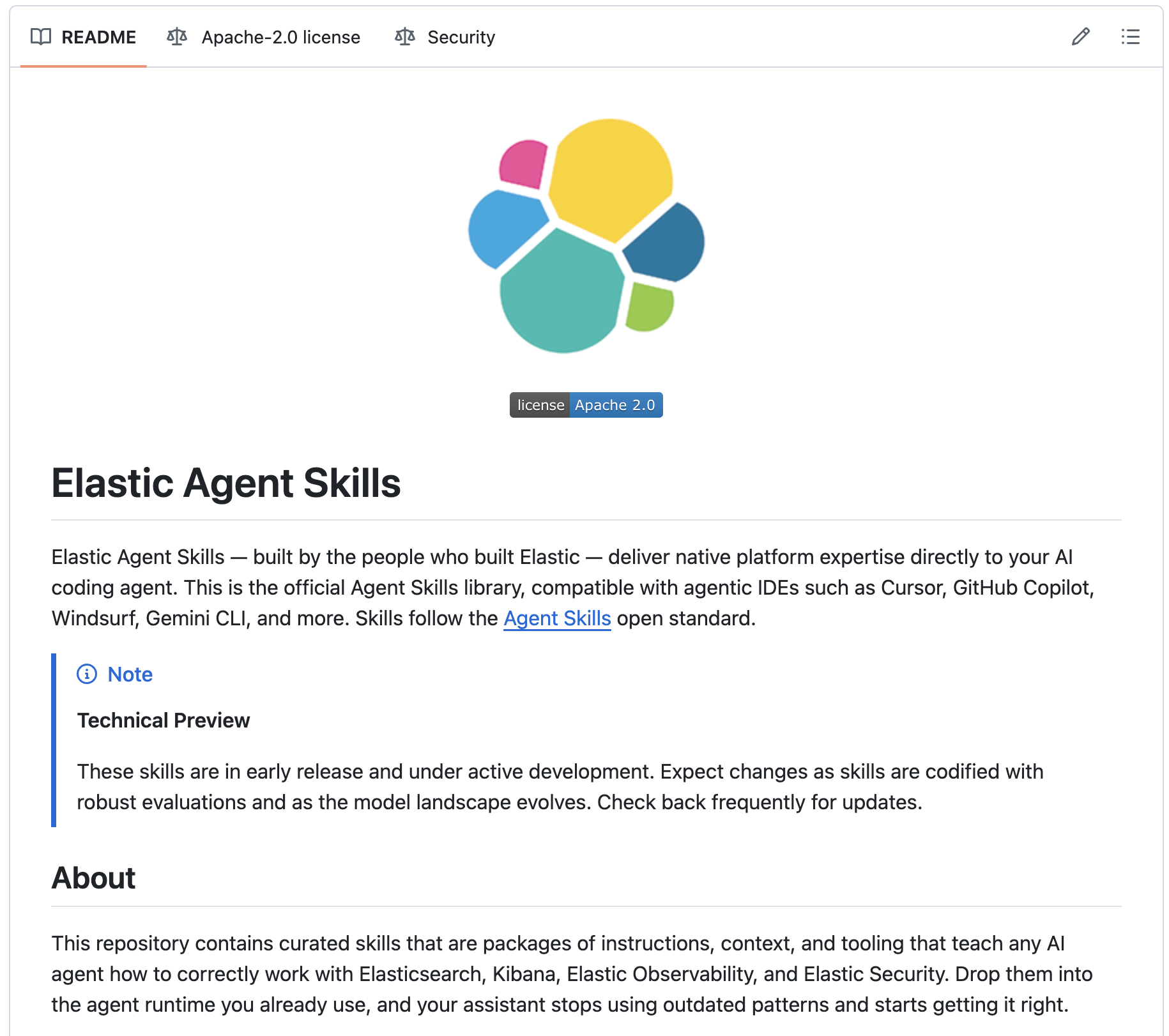 Elastic Agent Skills — CLI install flow showing 26 skills and GitHub repo